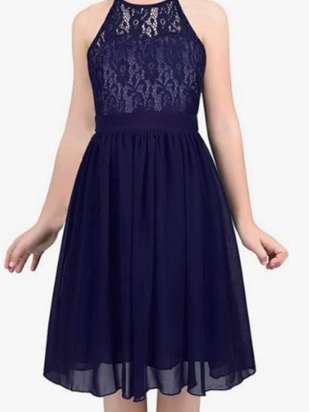 Girls Navy Lace Bodice Halter Dress